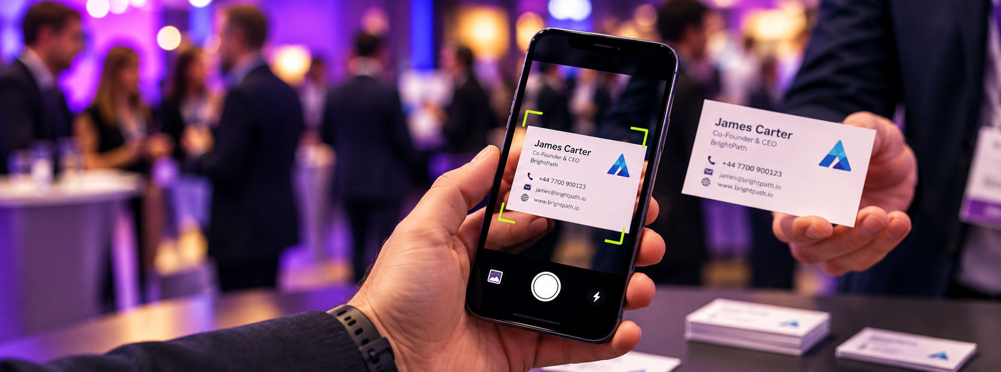 Scanning a business card with a phone at a networking event